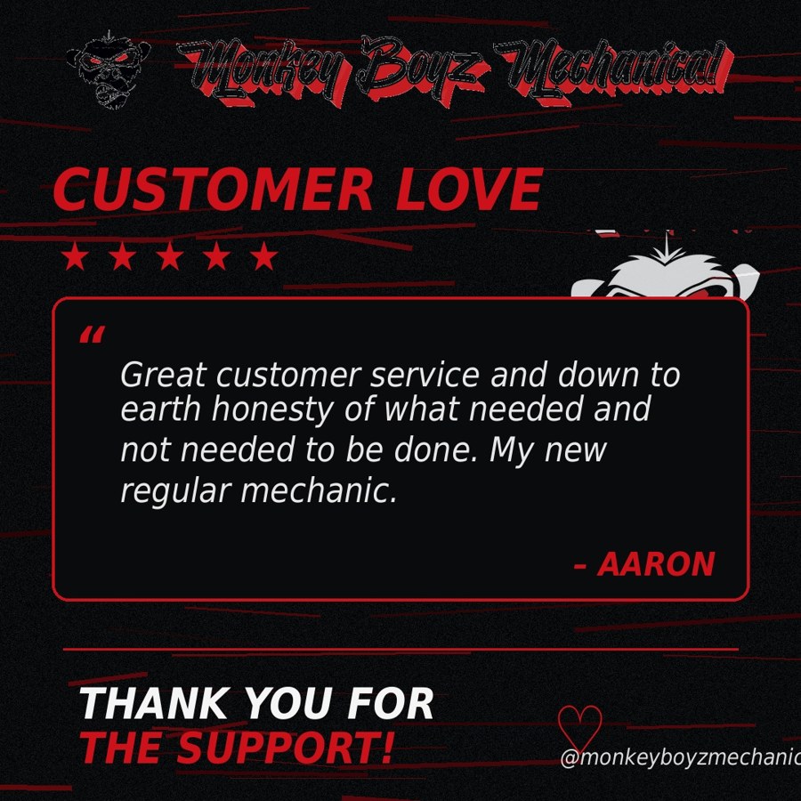 Customer feedback from Aaron praising the workshop’s service and down-to-earth honesty.
